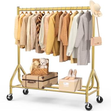 Imagem de EAGMAK Suporte de roupas pesado, 190 kg, suporte para roupas com rodinhas com rodas traváveis, suporte de metal para roupas, guarda-roupa portátil e resistente para pendurar roupas (dourado, 119 cm x