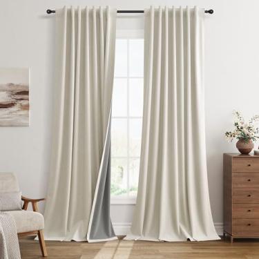 Imagem de Cortinas de linho bege quente 100% blackout para sala de estar 300 cm de comprimento com aba traseira texturizada, preto, isolamento térmico, cortinas de privacidade para divisória de quarto, porta