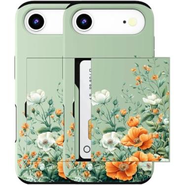 Imagem de MUQR Capa para celular 17 Air compatível com suporte de cartão fofo - Capa tipo carteira robusta com design Kawaii, proteção contra quedas de grau militar (buquê de flores laranja verde)