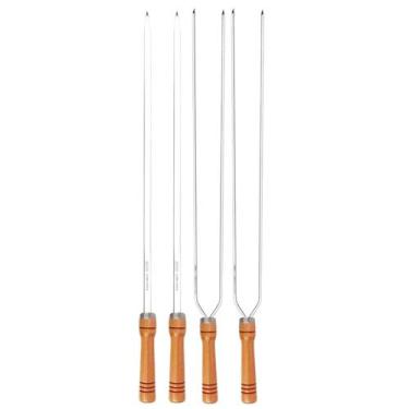 Imagem de Kit 4 Espetos 70Cm Preparo Churrasco Cabo Madeira Alumínio - MOR