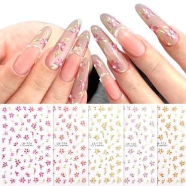 Imagem de 5 folhas de adesivos de arte de unhas com flores bronzeadoras, decalques de unhas em relevo 5D com plantas florais metálicas, suprimentos de unhas autoadesivos, acessórios de decoração de arte de