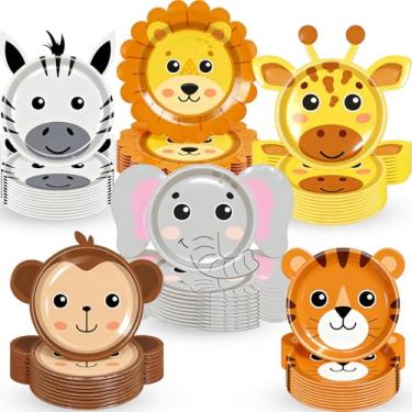 Imagem de 48 peças, pratos de papel em forma de animal da selva, safári, floresta, tema zoológico, artigos de mesa para crianças, meninos, meninas, aniversário, pré-escola, sala de aula, lembrancinhas de chá de