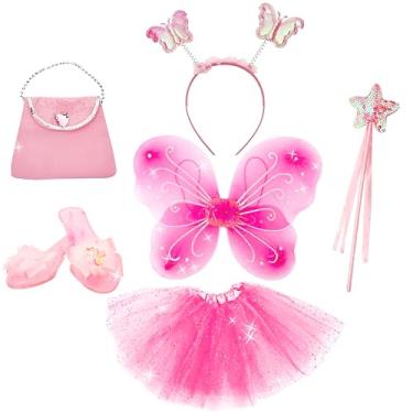 Imagem de 6 Pcs Butterfly Fairy Costume for Girls Kids Including Butterfly Wings Tutu Skirt Wand Shoes Headband Pink Bag Princess Dress Up Costumes Set for Halloween