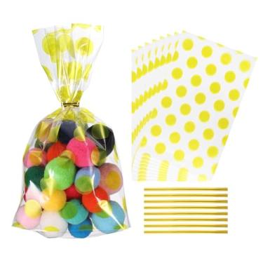 Imagem de PATIKIL Sacos de petiscos, 100 peças, 12 x 5 x 20 cm, sacos de presente com laços torcidos, presente de plástico para lembrancinhas de festa de doces, embalagem de doces, padaria, manchas douradas