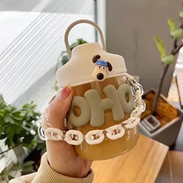 Imagem de Garrafa de água de vidro com tampa e copo de leite de café fofo com alça de corrente de tampa garrafa portátil