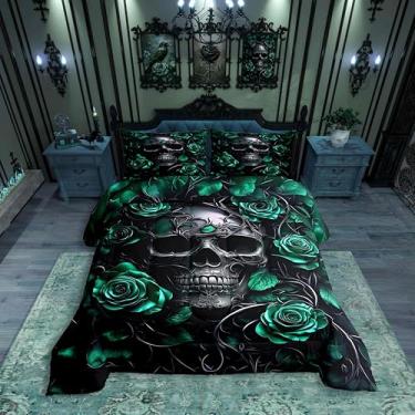 Imagem de Erosebridal Conjunto de edredom queen de caveira açucarada, verde menta, rosa, floral, para crianças, meninos, meninas, adolescentes, adultos, edredom de plumas de esqueleto gótico, hippie exótico,