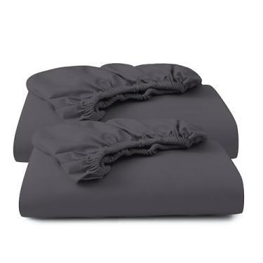 Imagem de Pacote com 2 lençóis Queen 100% algodão egípcio, 600 fios, bolso profundo de cetim de 20 a 40 cm, macio, respirável, confortável e de qualidade de hotel (Queen, cinza escuro)