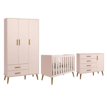 Imagem de Dormitório Infantil Isis Guarda Roupa 3 Portas, Cômoda 1 Porta e Berço Rosa - Reller Móveis