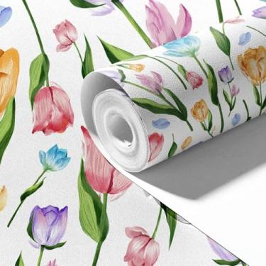 Imagem de ESSMOKO Papel de parede PVC autoadesivo tulipa padrão flor armário móveis adesivos regulares autoadesivo 45 * 600 cm