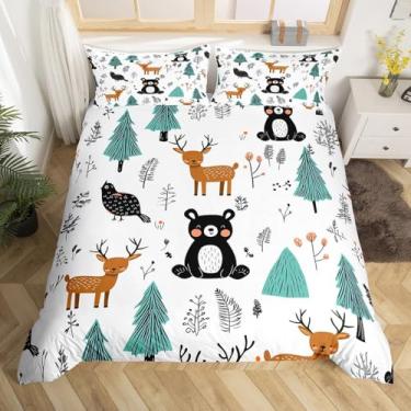 Imagem de Erosebridal Jogo de cama infantil com estampa de animais da floresta, animais da floresta, para meninas e meninos, jogo de cama com estampa de cervo de urso fofo, capa de colcha de fazenda, floresta