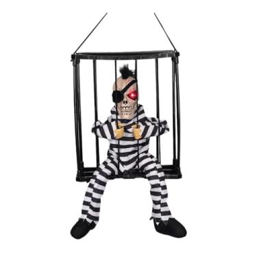 Imagem de Fenteer Brinquedo de pendurar em gaiola de caveira falante assustadora para Halloween, acessório fotográfico com olhos brilhantes, brinquedo de esqueleto para, Roupas Listradas