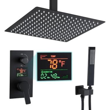 Imagem de SKOWLL Skwoll Matte Black Shower Faucet Set Rain Shower Head Sistema de Chuveiro Digital 12" Montagem No Teto Chuveiro Cabeça com 2 Funções Display Lcd Kit de Válvula