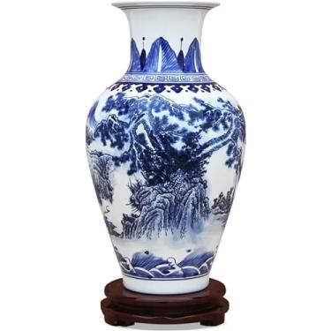 Imagem de AKALNNB Vasos para centros de mesa, vaso de cerâmica, paisagem chinesa, pintado à mão, vaso de flores de porcelana azul e branco, casa, sala de estar, mesa de jantar, decoração vasos com rota