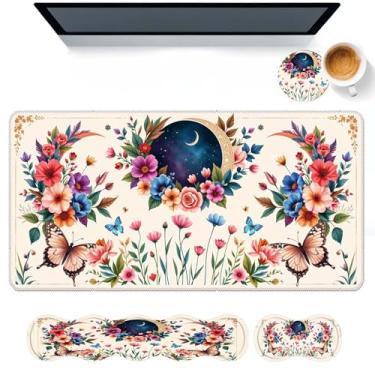 Imagem de DHEEBFWE Conjunto de mouse pad de teclado, grande mesa + descanso de pulso para teclado + suporte de pulso para mouse + porta-copos para alívio da dor fácil de digitar, suporte de pulso antiderrapante