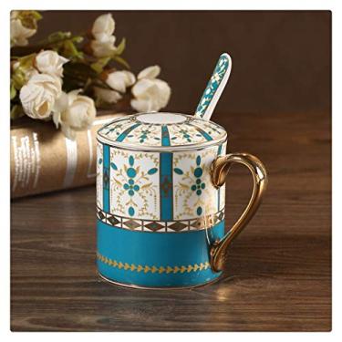 Imagem de WYUYIWH Home Caneca de porcelana de osso estilo europeu com colher de tampa grande capacidade copo de cerâmica dourada criativa escritório leite café xícara de café (cor: verde)