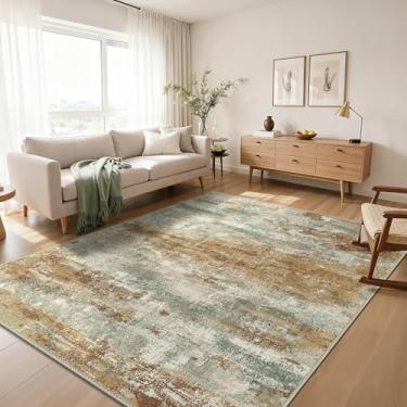 Imagem de GENIMO Tapete lavável abstrato moderno 20 x 25 cm, antiderrapante para sala de estar, quarto, sala de jantar, tapete grande macio, laranja verde