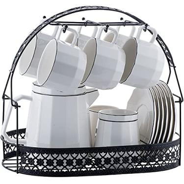 Imagem de Conjunto de 6 conjuntos de chá de porcelana com bule de chá, chávenas de café brancas e pires, conjunto de 6, com açucareiro, jarro de leite e suporte de copo de metal