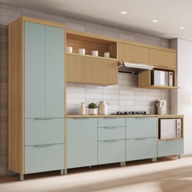 Imagem de Cozinha Modulada 7 Peças Ripado com Tampo MDF Marquesa Nesher - Nature/Verde