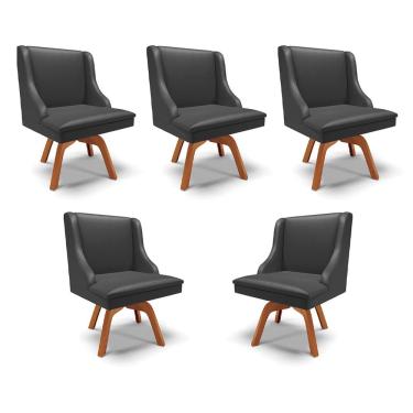 Imagem de Kit 5 Cadeiras Decorativas Sala de Jantar Base Giratória de Madeira Firenze PU Preto Fosco/Natural G19 - Gran Belo