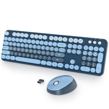 Imagem de Fogruaden Teclado azul e mouse sem fio, teclado de máquina de escrever retrô, 2,4 GHz 104 teclas, teclado fofo de tamanho completo com teclado numérico, teclas redondas coloridas gradientes para