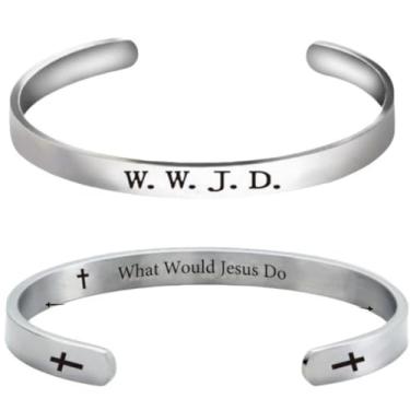 Imagem de Pingyongchang 1 pulseira WWJD de aço inoxidável para oração e punho aberto "O que Jesus faria" gravado, cruz, versículo bíblico, pulseira feminina e masculina, joia cristã religiosa inspiradora, Metal