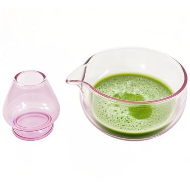 Imagem de LamChyar Tigela Matcha com bico, suporte para batedor Matcha, tigela de vidro Matcha e suporte de batedeira, conjunto requintado de matcha para cerimônia do chá (rosa)