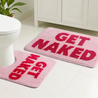 Imagem de BOVEU Get Naked Conjunto de 2 peças, tapete de banho de microfibra e tapete de banheiro em forma de U, lavável na máquina, tapete de banho antiderrapante para banheiro (rosa, 61 cm x 40 cm + forma em