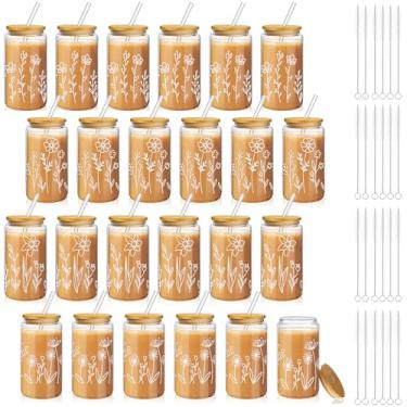Imagem de Mumufy Presente para mulheres copo de vidro fofo copo flor gelado canecas de café 473 ml vidro com tampa de bambu e canudo, presente de aniversário de dia das mães para mãe irmã dama de honra chá de