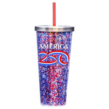 Imagem de Spoontiques Copo com glitter America 250 - Copo de acrílico de 590 ml com canudo - Tampa de bloqueio metálico - Isolamento de parede dupla e livre de BPA