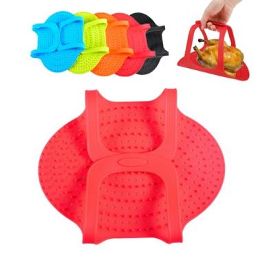 Imagem de 2Pcs, Levantador de peru resistente ao calor de silicone, Levantador de aves antiaderente reutilizável resistente ao calor Turquia assar Sling Forno Tapete para cozinhar em casa (Vermelho)