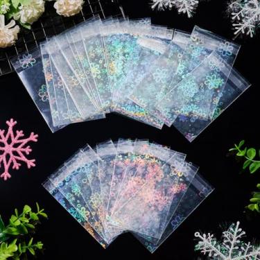Imagem de 50 peças de saco de celofane a laser de floco de neve dupla face com selagem superior bolsas de armazenamento de presentes retangulares pacote de joias bolsa pingente de embrulho de presente Natal