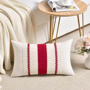 Imagem de Fancy Homi Conjunto de 1 capa de almofada decorativa lombar vermelha Boho 30,5 x 50,8 cm para sofá-cama e poltrona, decoração de casa de fazenda orgânica moderna, capa de almofada retangular de