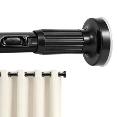 Imagem de ZYKORT Hastes de cortina de tensão sem perfuração, haste telescópica preta com um clique de 99 a 122 cm, varão de cortina de chuveiro para cabide de roupas de banheiro, varões de cortina longos