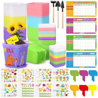 Imagem de Capoda 48 conjuntos de vasos de flores de jardim, kit de artesanato faça você mesmo, vasos de plástico para berçário de mudas com adesivos, etiquetas de plantas, tabelas de crescimento, ferramentas de