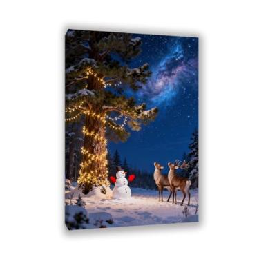 Imagem de Arte de parede de Natal, boneco de neve, decoração de parede, árvore de boneco de neve, sob o céu estrelado, pintura de natal para sala de estar, quarto, Papai Noel, tela, imagens de Natal, decoração