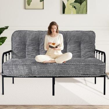 Imagem de Colchão futon de 20 cm, tamanho casal, futons extragrosso, sofá-cama com design de alça, colchão japonês para adultos, tapetes dobráveis com enchimento de espuma desfiada (moldura não incluída), cinza