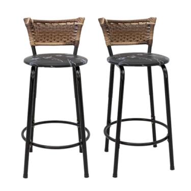 Imagem de Kit com 2 Banquetas 60cm Estrutura Preta Encosto Cappuccino Ideal Para Balcão Bancada Área de Lazer Cozinha Bar Lanchonete Piscina (Assento Floral Preto)