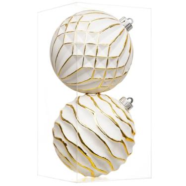 Imagem de Briful Bolas de Natal rústicas de 150 mm/5,9 pol. 2 peças de bolas decorativas grandes brancas e douradas texturizadas para árvore de Natal, guirlanda, decoração de casa de fazenda