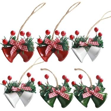 Imagem de 6 peças de decoração de Natal com sino de chifre duplo, pingente de árvore de Natal, acessórios feitos à mão, faça você mesmo, pingente de sino de metal para árvore janela, porta, festival, decoração