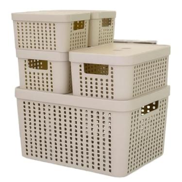 Imagem de Caixa Organizadora, Kit 5 Caixas Organizadoras com Tampa Cesto Grande de Plástico 2 Litros 4,5 Litros 17 Litros(Bege)