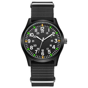 Imagem de YOOTEN Relógio analógico masculino militar luminoso de quartzo fino (mostrador preto - laranja e verde marco)