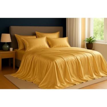 Imagem de Jogo de Cama Cetim Charmousse Casal Queen King 3/4 Peças – Toque Macio, Brilhante e Sedoso, Lençol com Elástico e Fronhas Luxuosas(DOURADO OURO,Solteiro 3 peças)