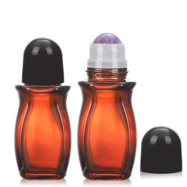 Imagem de RAMFIYN Pacote com 2 frascos grandes de vidro âmbar de 50 ml para óleos essenciais, perfume, aplicador de bola de rolo de quartzo, recipientes vazios de desodorante com bola de cristal