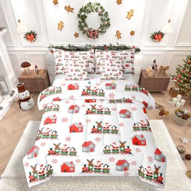 Imagem de Erosebridal Conjunto de cama queen com trem de Natal, 7 peças, cama de casa de campo de Natal em uma bolsa, Papai Noel, rena, pinguim, conjunto de lençol com lençol de neve para quarto de crianças