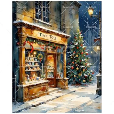 Imagem de Kit de pintura de cena de Natal por números para adultos - Loja de brinquedos DIY e árvore decorada em pintura de rua com neve em tela, conjunto de tinta acrílica para iniciantes, arte para decoração