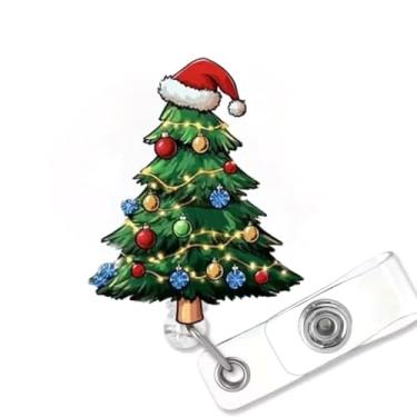 Imagem de Porta-crachá de árvore de Natal Carretel de crachá de árvore de Natal com cordão leve design de chapéu retrátil de nome de identificação clipe de jacaré para enfermeira, estudante, professor