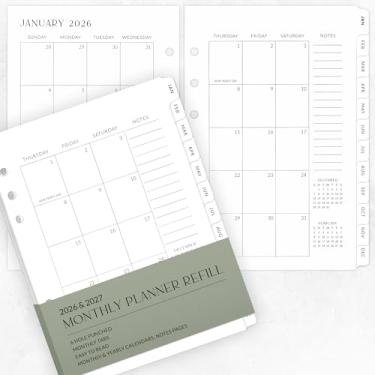 Imagem de Lindos insertos de agenda mensal 2026-2027 para fichários de 6 anéis – Conjunto de refil de papel A5 durável 14,6 cm x 21 cm - refis incluindo abas e calendários anuais, mensais – de dezembro de 2025