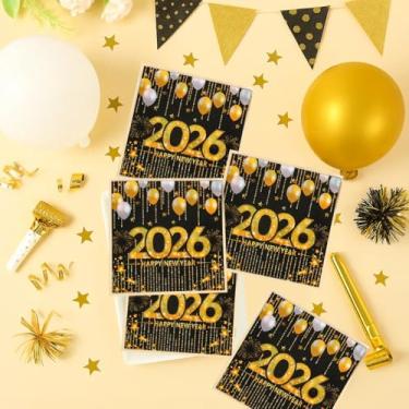 Imagem de 50 peças de sacos de presente de ouro preto 2026 feliz ano novo, balões fogos de artifício padrão estrelas sacos de presente autovedantes - festa de Ano Novo pequenos sacos de embrulho de doces para