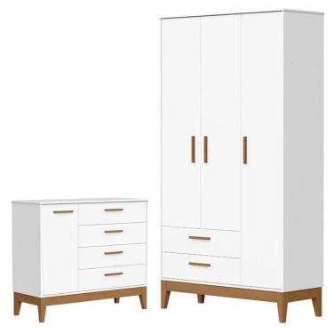 Imagem de Guarda Roupa Infantil Flip 3 Portas Com Cômoda Infantil Sapateira Flip Branco Acetinado - Reller