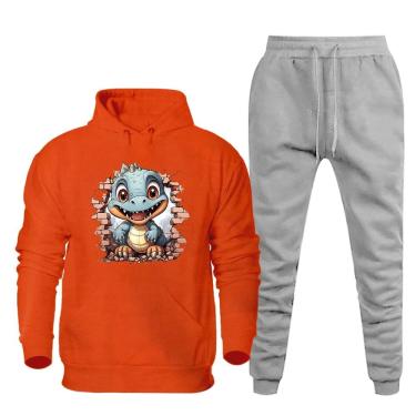 Imagem de Conjunto Plus Size Moletom Masculino Numeraçao Especial Estampa Dinossauro Blusa Canguru e Calça